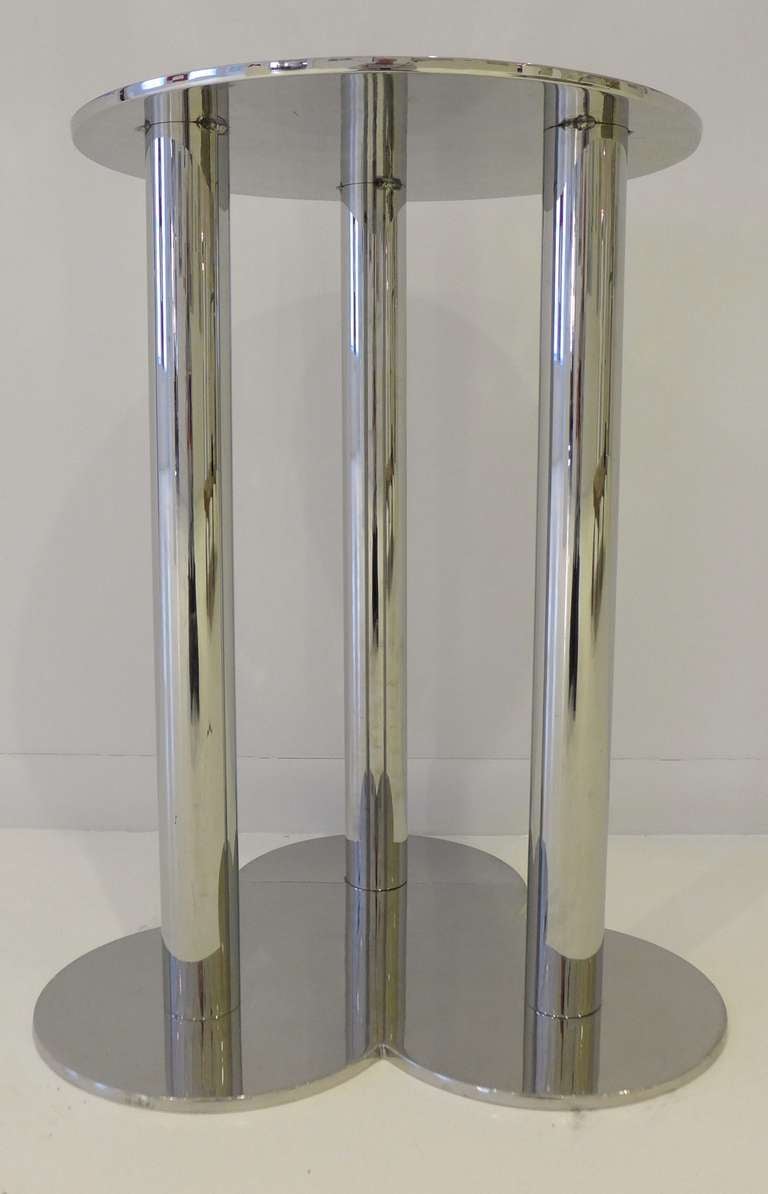 Chrome-plated steel pedestal or table base with three tubular steel columns designed in 1969 by Sergio Asti and produced by Poltronova c. 1970's. Scratching to horizontal surfaces consistent with age and use.