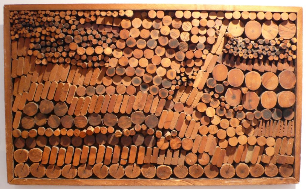 Wood collage by Polish artist Josef Twirbutt (b. 1930), composed of cross sections of branches and other wood elements.  Executed c. 1960.  Analogous to work done in California in this period; not surprisingly, Twirbutt's work was shown along with