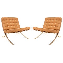 Vintage Pair of Brown Leather Knoll Barcelona Chairs