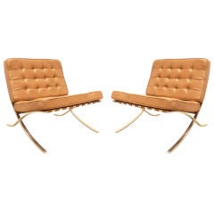 Vintage Pair of Brown Leather Knoll Barcelona Chairs