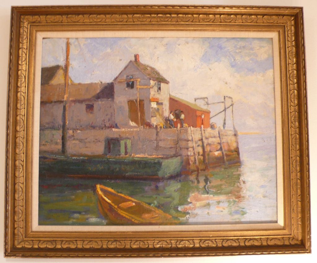 Impressionistic oil on board by Boston area artist Frederick W. Oliver (1876-1963).

Massachussetts fishing village scene. Signed lr, dated 1935 on verso.  In original gilt wooden frame.