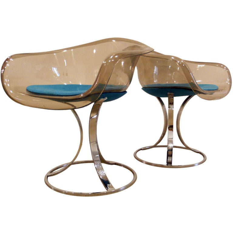 Pair of Peter Hoyte Lucite and Chrome Chairs