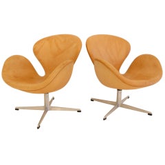 Pair of Early "Swan" Swivel Chairs in Original Tan Leather