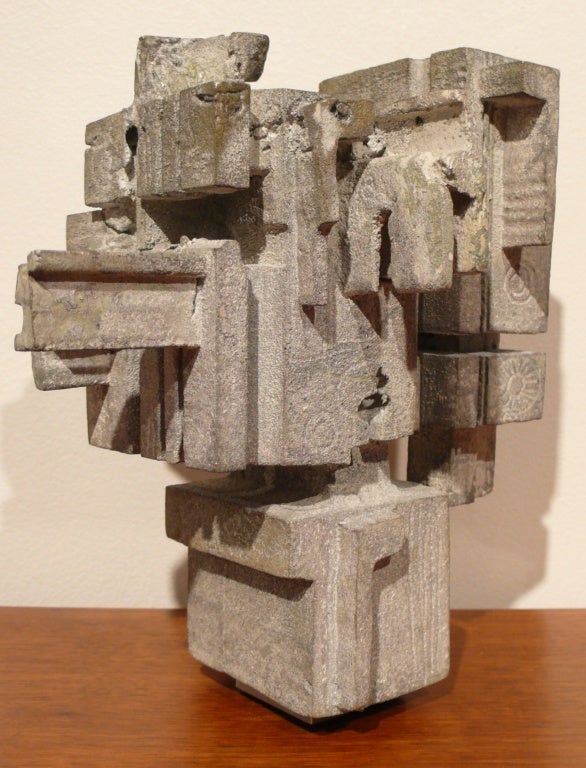 Hand-built abstract composition of cast and oxidized aluminum elements by Cleveland artist and designer Donald Drumm. A great example of early 1970's brutalism with an architectural bearing.  An interesting play of shapes, textures, and applied