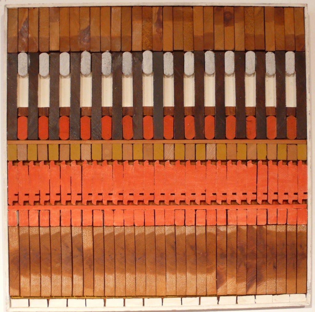 Abstract wall relief of sawn, stained, painted, and collaged wood by Lithuanian-born American artist Josef Twirbutt.  Twirbutt arrived in New York City in 1959 and plugged himself into the Village art scene.  He created his wall sculptures in the