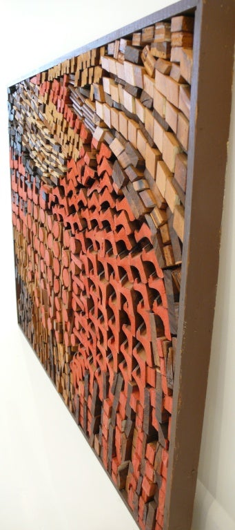 Abstract wall relief of sawn, stained, painted, and collaged wood by Lithuanian-born American artist Josef Twirbutt. Twirbutt arrived in New York City in 1959 and plugged himself into the Village art scene. He created his wall sculptures in the