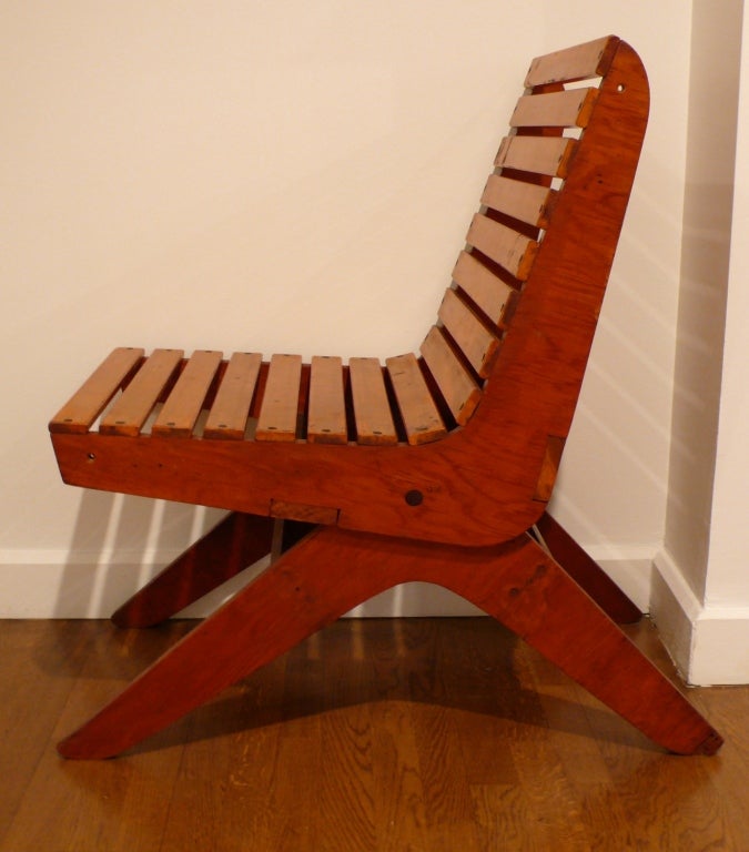 Tilt-back chair of Douglas fir plywood with birch slats.  Home construction project, based on a pattern by Arthur Collani, whose designs appeared in Home Craftsman Magazine in the early 1950's.  Readers were provided with schematic drawings, written