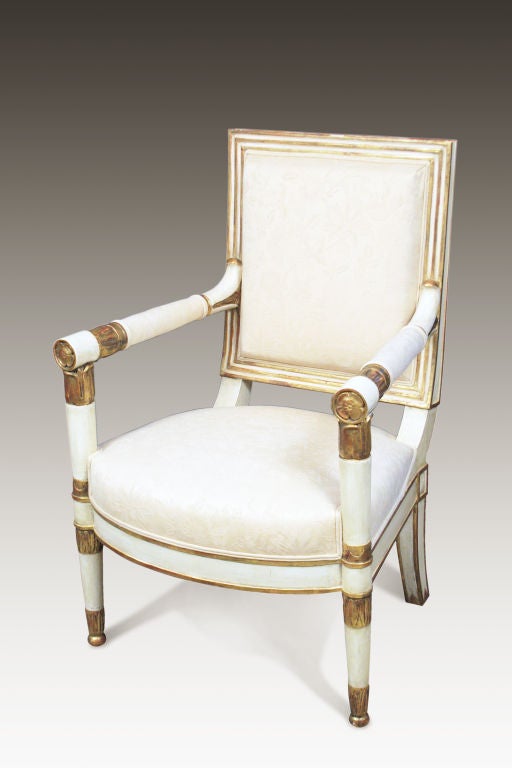 French A Set of Eight Painted and Parcel Gilt Empire Armchairs For Sale