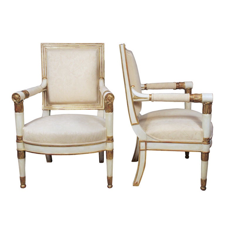 A Set of Eight Painted and Parcel Gilt Empire Armchairs For Sale