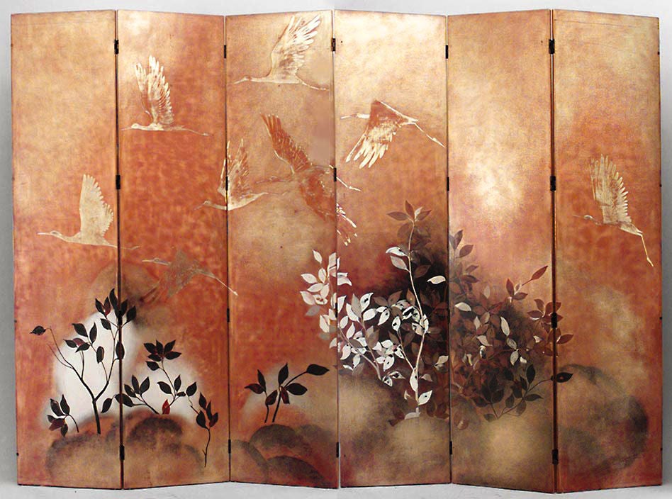 An Orange Lacquered Six Panel Screen