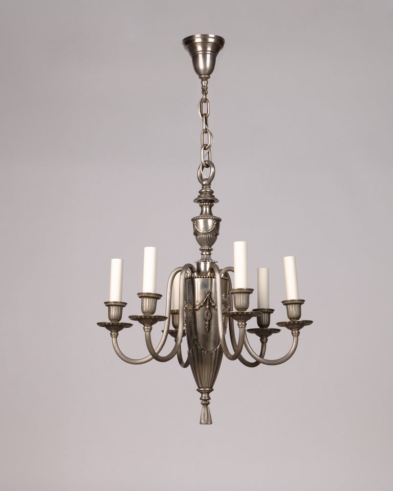 American Six Arm Adam Style Chandelier in Antique Nickel by Bradley and Hubbard, c. 1920s For Sale