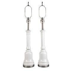 A pair of milk glass column lamps