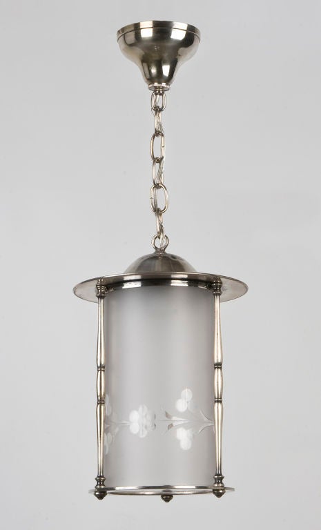 Silver Plate Lantern with Frosted Glass Cylinder with Wheel Cut Foliate Detail In Good Condition In New York, NY