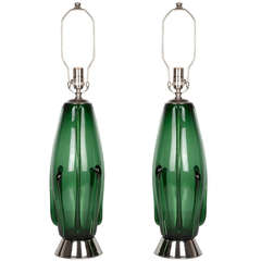 Pair of Green Glass Table Lamps