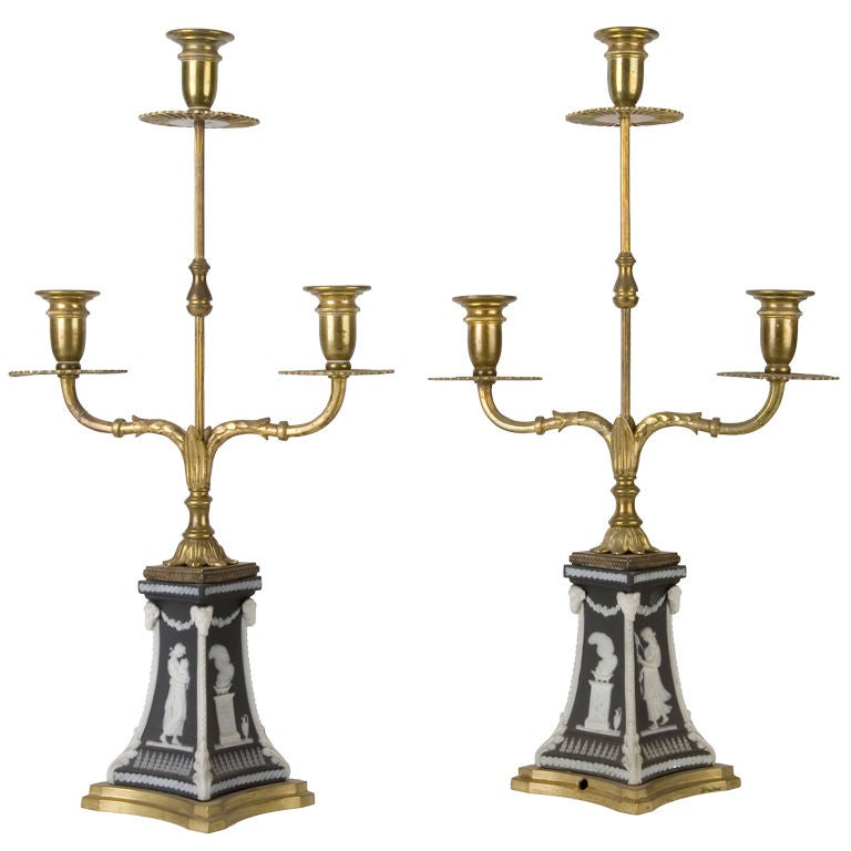 Neoclassical Brass and Wedgwood Candelabra signed by Edward F Caldwell, c. 1910s For Sale