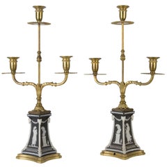 Antique Neoclassical Brass and Wedgwood Candelabra signed by Edward F Caldwell, c. 1910s