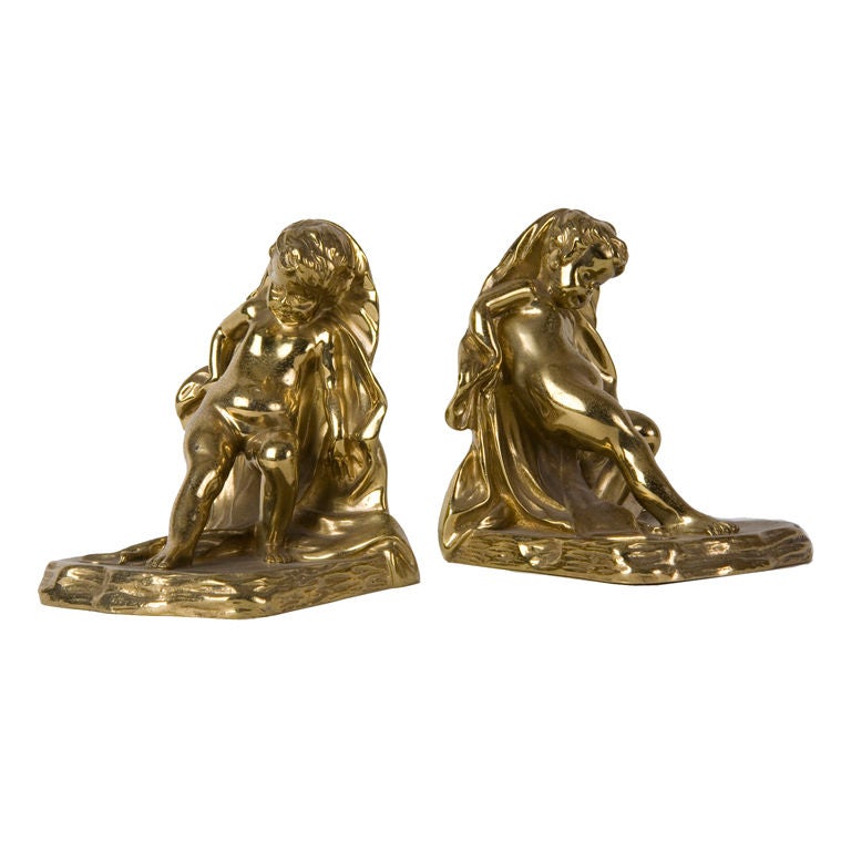 Solid Cast Polished Bronze Sterling Bronze Co. Cherub Bookends, Circa 1930s For Sale