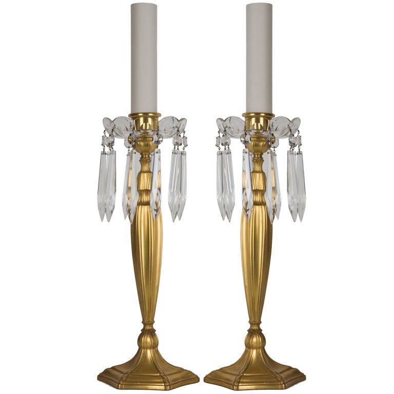 Gilded Electrified Candlestick Lamps Signed by Sterling Bronze Co. Circa 1910s For Sale