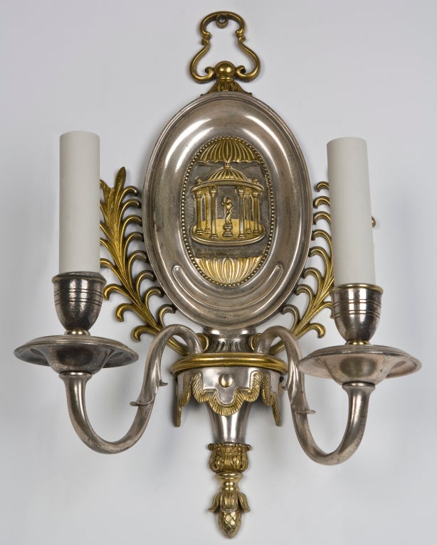 Nickel and Brass Sconces with Neoclassical Scenes by E. F. Caldwell, Circa 1920 For Sale 1