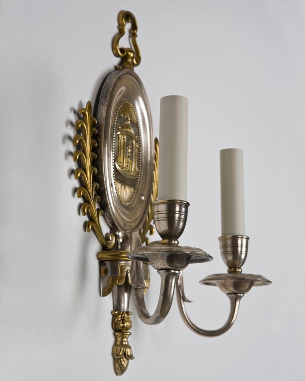 American Nickel and Brass Sconces with Neoclassical Scenes by E. F. Caldwell, Circa 1920 For Sale