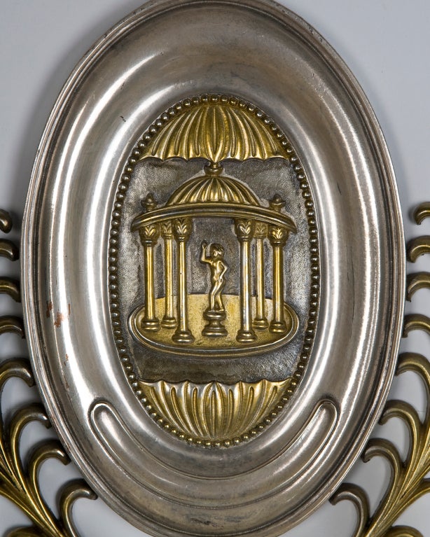 Nickel and Brass Sconces with Neoclassical Scenes by E. F. Caldwell, Circa 1920 In Good Condition For Sale In New York, NY