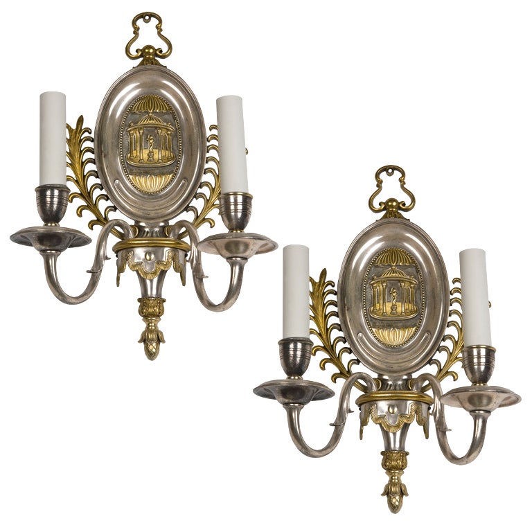 Nickel and Brass Sconces with Neoclassical Scenes by E. F. Caldwell, Circa 1920 For Sale