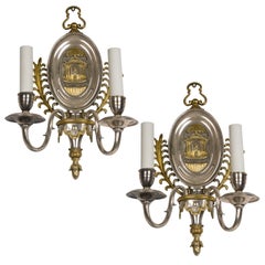 Nickel and Brass Sconces with Neoclassical Scenes by E. F. Caldwell, Circa 1920