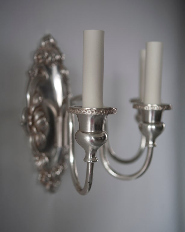Cast Three Arm Silver Plate Foliate Detail Sconces by Sterling Bronze Co. Circa 1910s For Sale