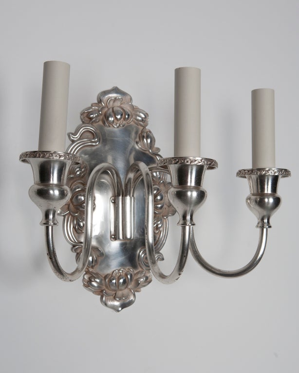 American Three Arm Silver Plate Foliate Detail Sconces by Sterling Bronze Co. Circa 1910s For Sale