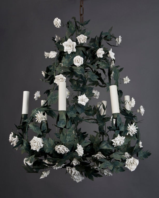 AHL3661
A six-light French tole chandelier with glazed porcelain flowers.

Minimum height: 32-1/2