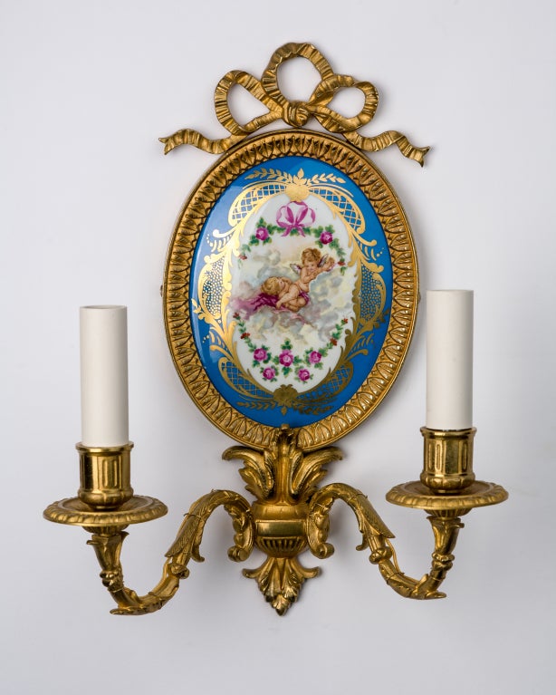 French Pair of Gilded Bronze Sevres Sconces
