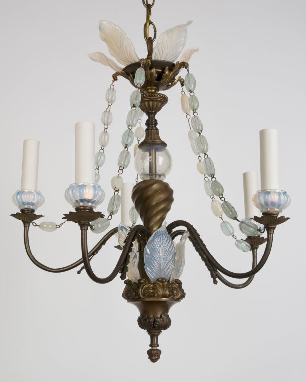 AHL3664

A five-light chandelier with opalescent glass leaves, cups and beaded swags, in an age-darkened brass finish. Due to the antique nature of this fixture, there may be some nicks or imperfections in the glass.

Minimum height: