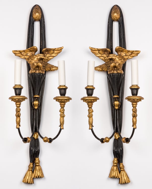 Gilt and Painted Carved Wood Sconces with Eagles and Tassel Finials, c. 1950s