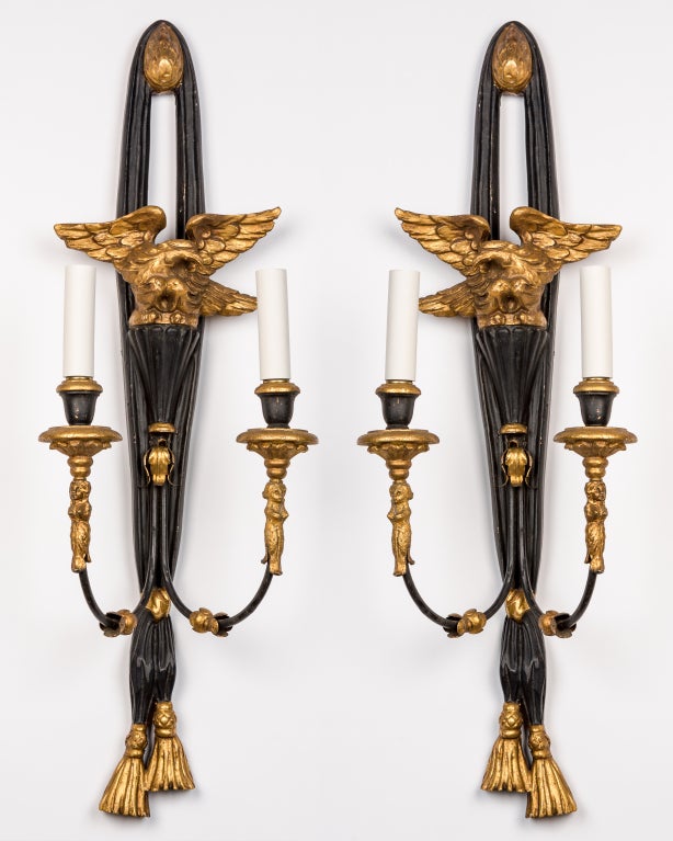 Federal Gilt and Painted Carved Wood Sconces with Eagles and Tassel Finials, c. 1950s