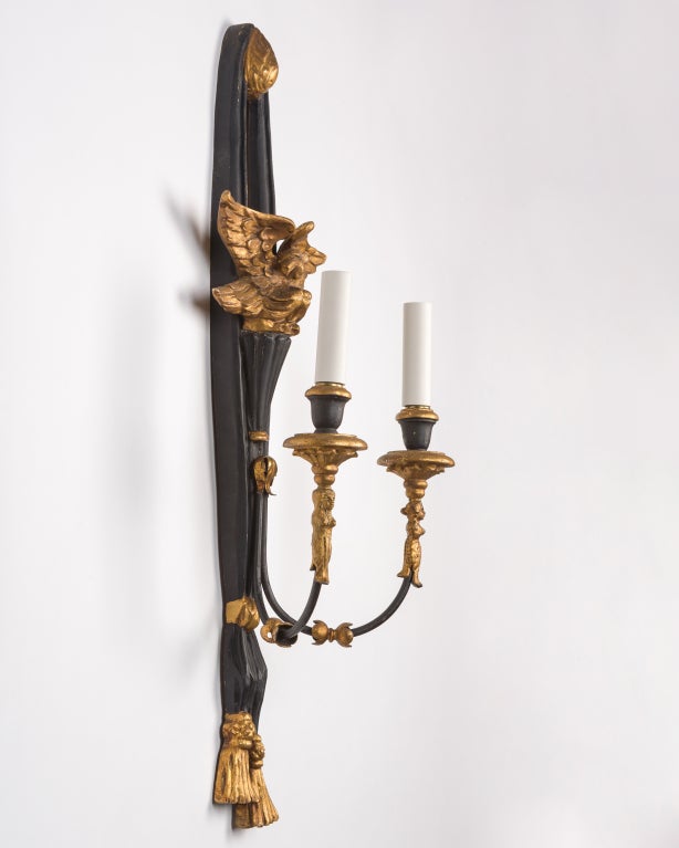 American Gilt and Painted Carved Wood Sconces with Eagles and Tassel Finials, c. 1950s