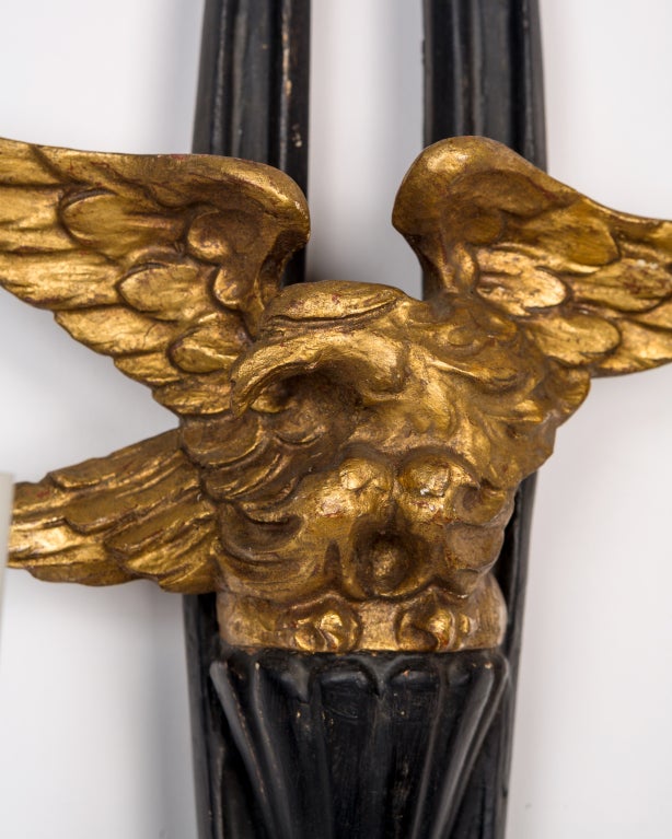 Gilt and Painted Carved Wood Sconces with Eagles and Tassel Finials, c. 1950s In Good Condition In New York, NY