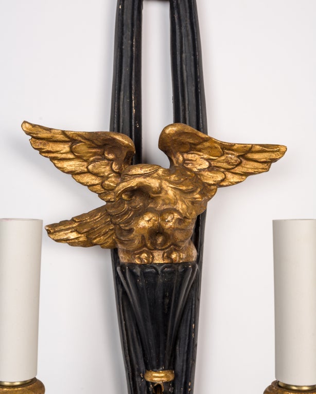 Mid-20th Century Gilt and Painted Carved Wood Sconces with Eagles and Tassel Finials, c. 1950s