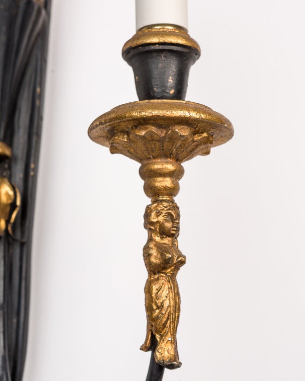 Gilt and Painted Carved Wood Sconces with Eagles and Tassel Finials, c. 1950s 1
