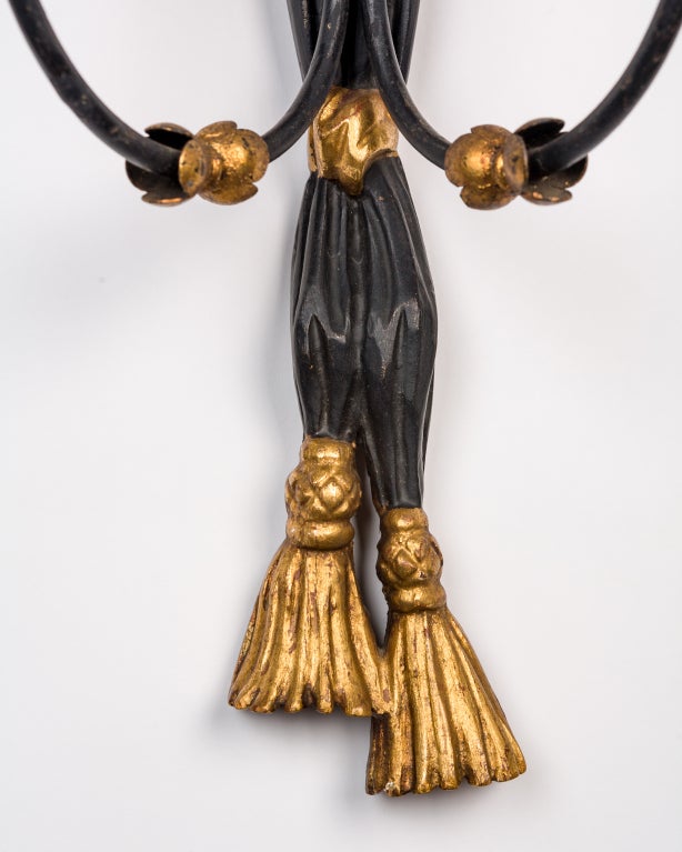 Brass Gilt and Painted Carved Wood Sconces with Eagles and Tassel Finials, c. 1950s