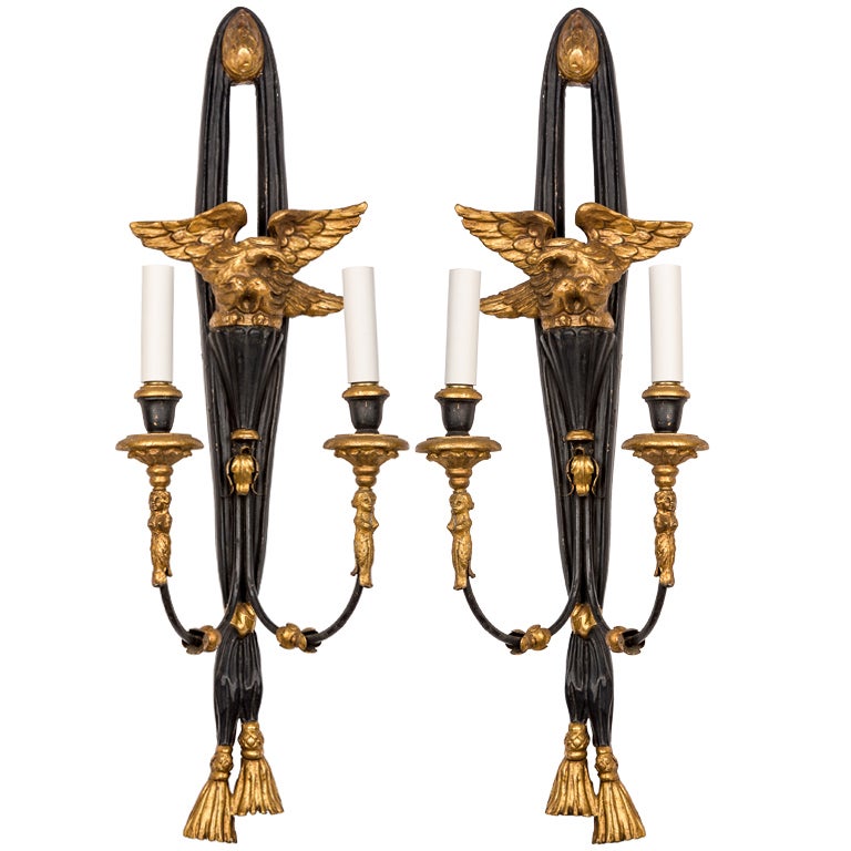 Gilt and Painted Carved Wood Sconces with Eagles and Tassel Finials, c. 1950s
