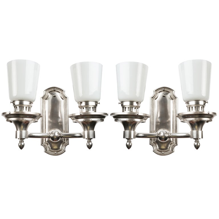 Two Arm Silverplate Sconces with Tapered Round Opal White Glass Shades, c. 1900 For Sale