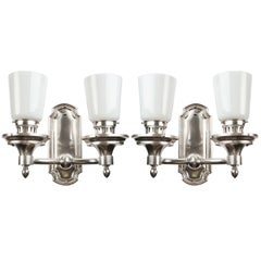 Antique Two Arm Silverplate Sconces with Tapered Round Opal White Glass Shades, c. 1900