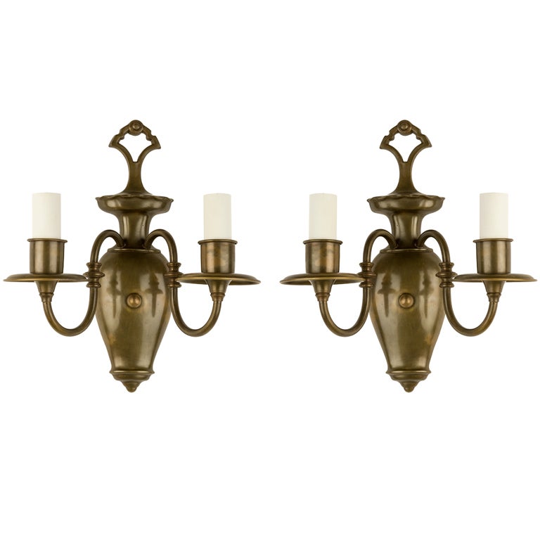 Antique Darkened Cast Brass Sconces with Urn Form Backplates, Circa 1900s
