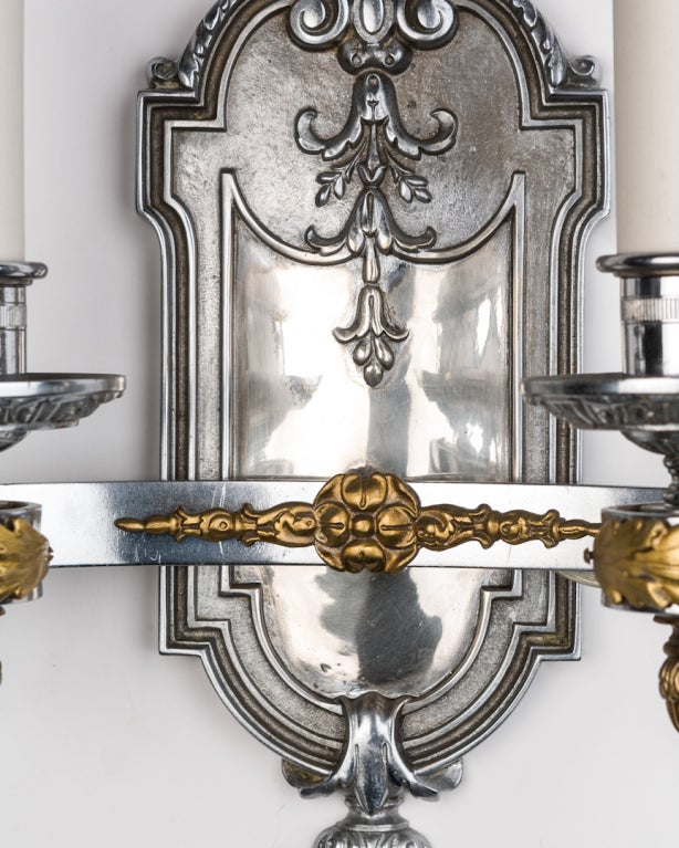 20th Century A Pair Of Chrome And Brass Sconces