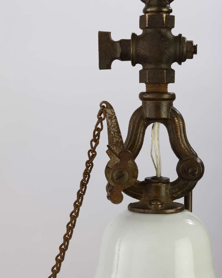 American White Enamel And Nickel Industrial Pendant With Original Gas Fittings