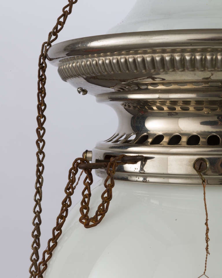 White Enamel And Nickel Industrial Pendant With Original Gas Fittings In Good Condition In New York, NY