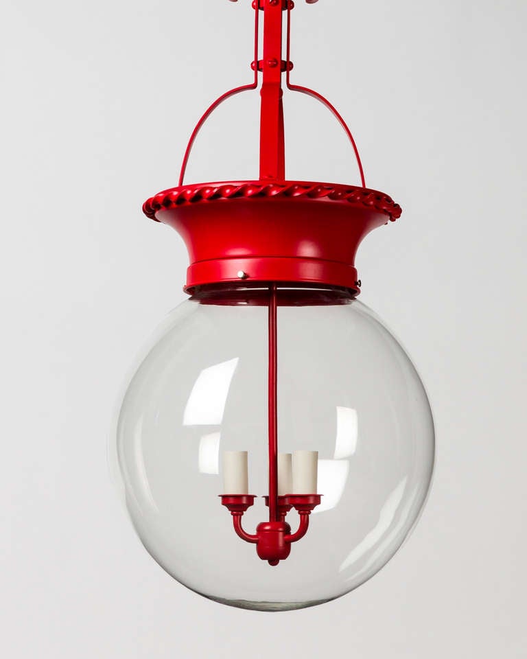 Nickel and Red Lacquer Lantern with Clear Blown Glass Globe In Good Condition In New York, NY