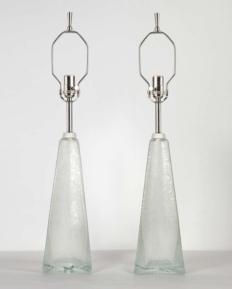 ATL1873

Circa 1960
A pair of textured clear Swedish glass table lamps with nickel fittings. Due to the antique nature of this item, there may be nicks and imperfections in the glass as well as variations from piece to