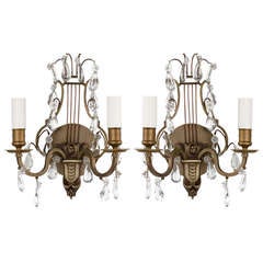 A Pair Of Lyre-back Bronze And Crystal Sconces