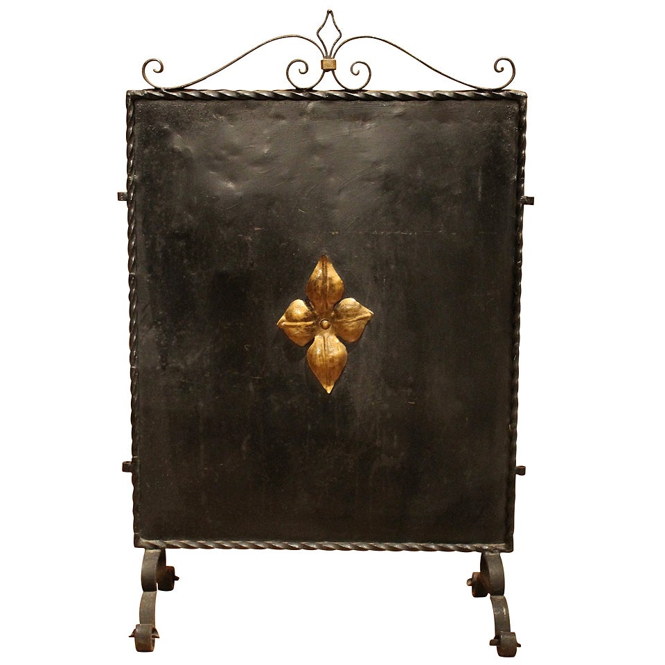 Italian Black Wrought Iron and Parcel Gilt Freestanding Fire Place Screen